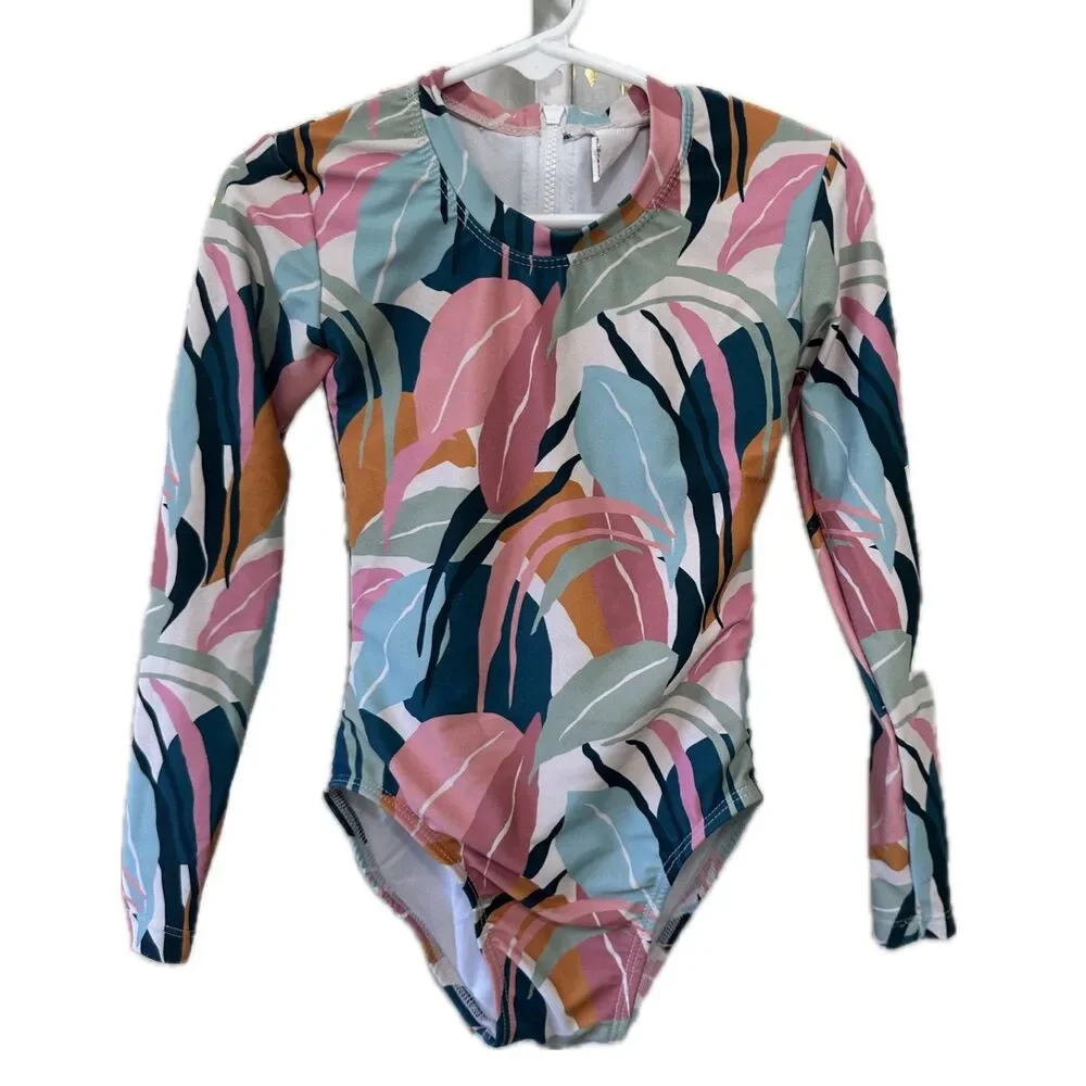 Toddler Girl's Tropical Leaves Long Sleeve One-Piece Pull Back Zip Swimsuit 4T
